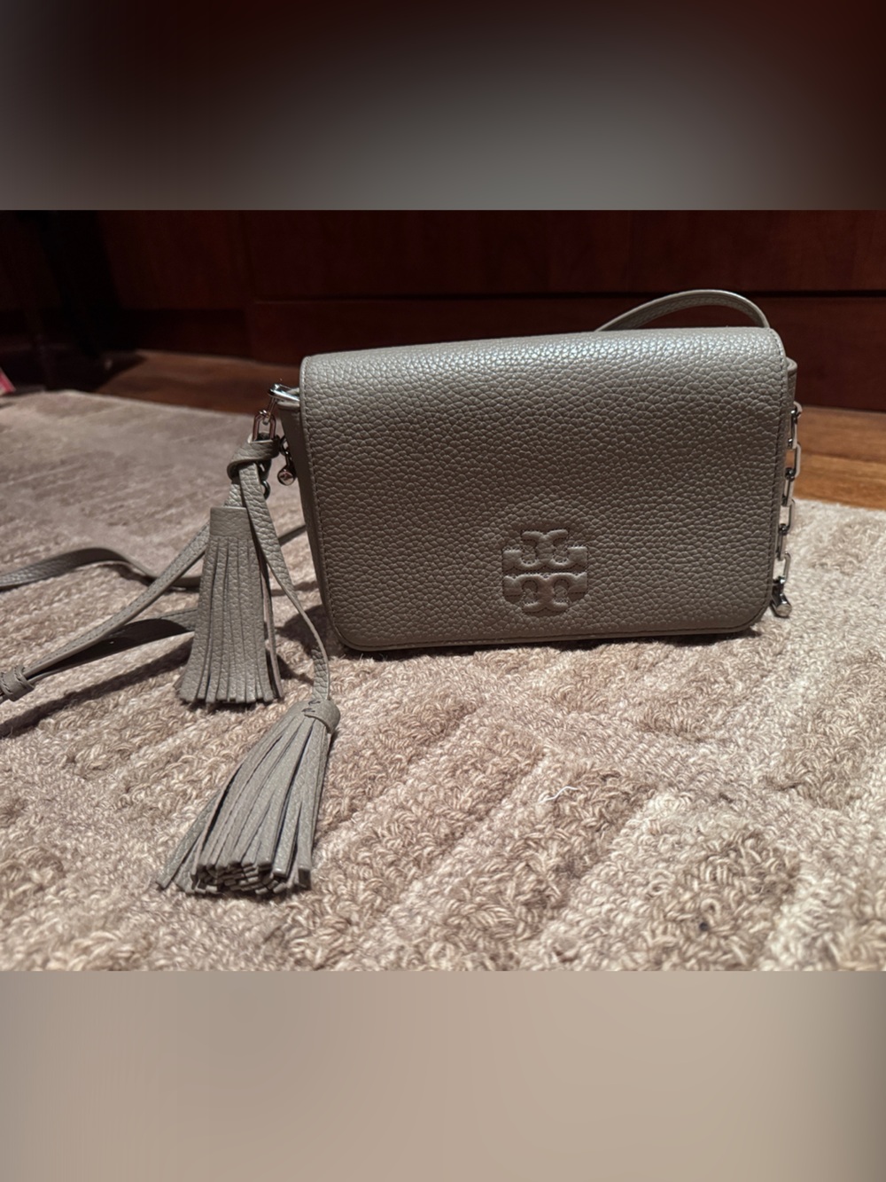 Tory Burch Taupe Pebbled Leather Crossbody with Tassel